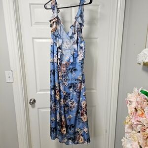 Floral Blue Sleeveless Wrap Dress Sz M